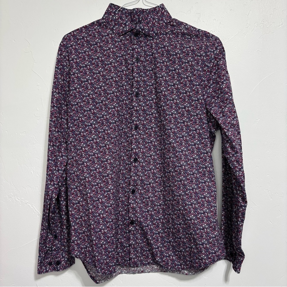 Express Factory Fitted Floral Blue Pink Men's Button Down Casual Dress Shirt L